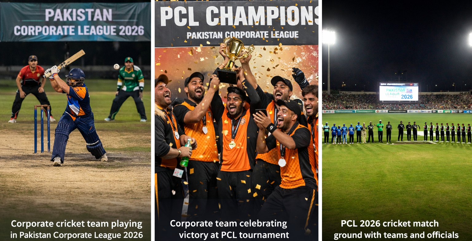 Corporate cricket team playing in Pakistan Corporate League 2026 tournament match